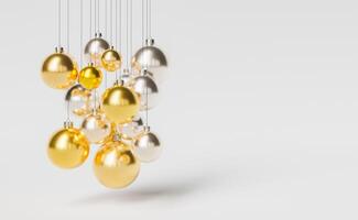 Gold and silver Christmas balls hanging with white background photo