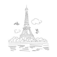 Eiffel Tower with trees on the river bank and flying pigeons. Landmark of Paris. Vector linear illustration