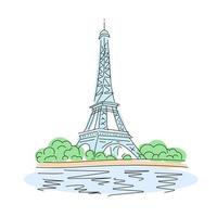 torre eiffel con árboles en la orilla del río. hito de parís. vector ilustración lineal