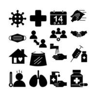 conjunto de iconos gráfico vectorial de prevención del virus corona. icono en estilo blanco y negro. vector