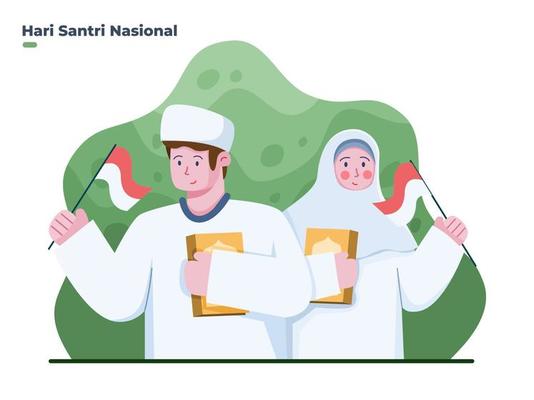 Illustration Muslim boy and girl celebrate national santri day at 22 October. Happy Santri day. Can be used for greeting card, banner, poster, postcard,web, social media, print.