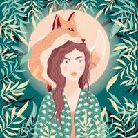 Portrait of a woman and a fox on her shoulder. Night scene with moon and stars. Wild animal and girl in nature. Colorful hand drawn vector illustration.