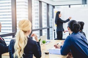 El grupo de empresarios escuchó a los instructores explicar la estrategia de marketing de acuerdo con el plan presupuestario en la oficina. El equipo de negocios se reúne y discute el inicio de un nuevo proyecto. foto