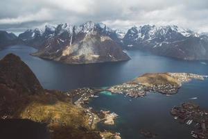 Scenic landscape of Lofoten islands - peaks, lakes, houses photo