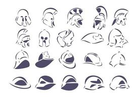 Twenty line-art vector illustrations of helmets