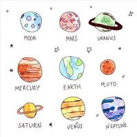 Vector hand drawn watercolor planets collection. Drawings. Hand drawn galaxy stickers.