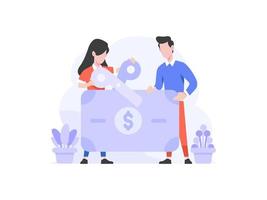 ilustración vectorial negocios finanzas hombre y mujeres haciendo impuestos corte de impuestos dinero personas tijeras estilo de diseño plano de carácter vector