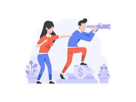 Vector Illustration Business and finance man and women vision seeing the future direction of business with telescope people character flat design style