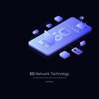 Ilustración de vector de tecnología inalámbrica de red 5g. Smartphone isométrico de 5g. Usando dispositivos digitales modernos.