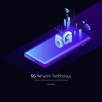 Ilustración de vector de tecnología inalámbrica de red 5g. Smartphone isométrico de 5g. Usando dispositivos digitales modernos.