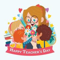 Kids Giving Bouquet to Teacher on Teacher's Day vector