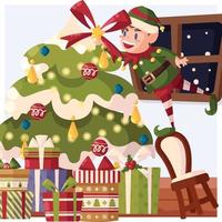 An Elf Decorating Christmas Tree Concept vector