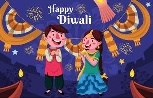 niños y niñas celebrando el feliz diwali vector