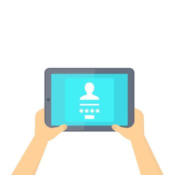 login, authentication page, tablet in hands, vector illustration