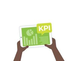 kpi y análisis de negocios, indicadores clave de rendimiento, tableta con gráficos en las manos vector