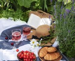 Set for picnic on blanket in lavender field photo