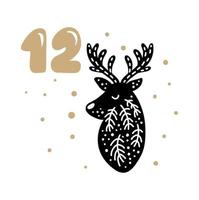 Christmas Advent calendar with cute scandinavian hand drawn vector. Twenty-four days before holiday. Winter Illustration of nordic deer. Ethno twelfth Day vector