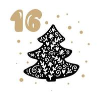 Christmas Advent calendar with cute scandinavian hand drawn vector. Winter Illustration of nordic fir tree. Twenty-four days before holiday. Ethno sixteenth Day vector