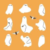 Set of Funny Ghosts with vampire bats on Halloween party. Vector illustration of isolated elements for fall design on yellow background