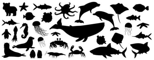 Big set of black white silhouette isolated sea ocean north animals. Doodle vector whale, dolphin, shark, stingray, jellyfish, fish, stars, crab, king Penguin chick, octopus, fur seal, polar bear cub