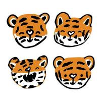 conjunto de cabezas de tigres jóvenes divertidos lindos. vector feliz animales aislados. ilustración dibujada a mano sobre fondo blanco