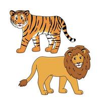 Tiger and lion vector isolated animals. Hand drawn cartoon drawing on white background