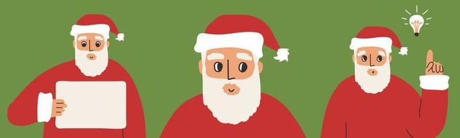 Set of Santa Claus concepts. New idea, announcement, portrait elements for Christmas design. Vector isolated illustrations on green background