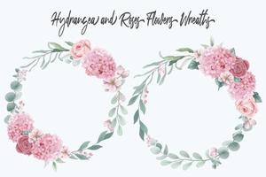 Watercolor Hydrangea and Roses Flowers Wreaths vector