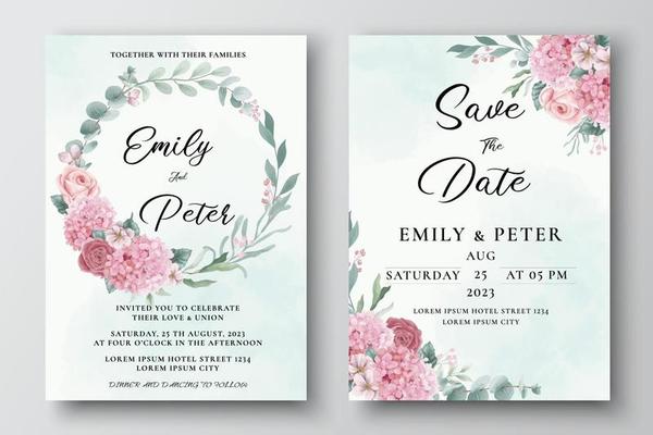 Wedding Invitation Template with Hydrangea and Roses Flowers