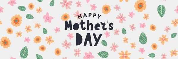 Happy Mothers day greeting card with typographic design and floral elements. Vector illustration. Paper cut style with blooming flowers, leaves and abstract shapes on white background.