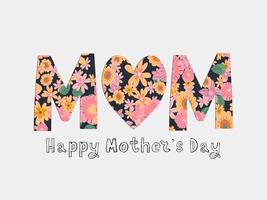 Happy Mothers day greeting card with typographic design and floral elements. Vector illustration. Paper cut style with blooming flowers, leaves and abstract shapes on white background. The best mom.