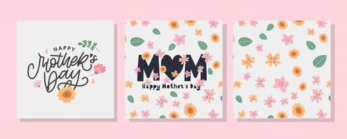 Set cards to the Happy Mother's Day. Calligraphy and lettering. Vector illustration on white background flowers pattern