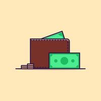 Ilustración de icono de dibujos animados de billetera y dinero vector
