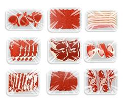 Meat packaging illustration. Plastic tray of minced meat, steaks, ham, bacon of pork, beef and lamb. Products on the counter of the butcher store. Vector