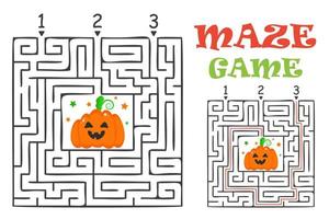 Rectangular halloween maze labyrinth game for kids. Labyrinth logic conundrum. Three entrance and one right way to go. Vector flat illustration isolated on white background.