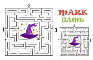 Rectangular halloween maze labyrinth game for kids. Labyrinth logic conundrum. Three entrance and one right way to go. Vector flat illustration isolated on white background.