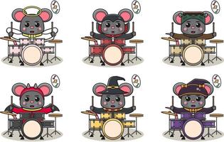 Vector illustration of cute Mouse with Halloween costume playing Drum.