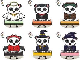 Ilustración vectorial de lindo panda con disfraz de halloween tocando el teclado vector