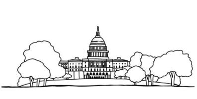 The United State Capitol building outline doodle drawing on white background. vector