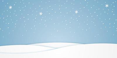 paisaje y nieve cayendo en invierno, colina blanca, estilo de arte en papel vector