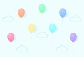 coloridos globos de colores pastel volando en el cielo, patrón de colores del arco iris, estilo de arte en papel vector