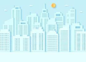 Cityscape, building with blue sky and a bright sun, paper art style vector