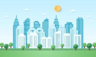 Eco city, cityscape, building with blue sky and sun, paper art style vector