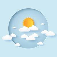 Cloudscape, cielo azul con nubes y sol en marco circular, estilo de arte en papel vector