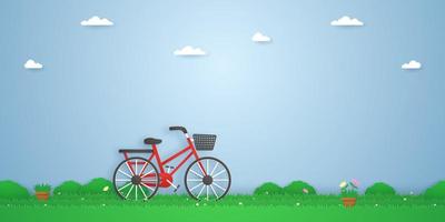 bicycle in the garden, plant pots and beautiful flowers on grass, paper art style vector