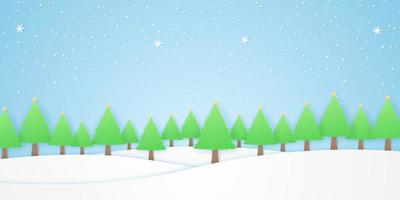 landscape, trees with star and snow falling in winter season, white hill, paper art style vector