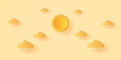 horario de verano, celaje, cielo brillante con nubes y sol, estilo de arte en papel vector