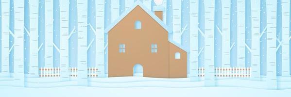 ouse with fence and pine trees on snow in winter landscape with snow falling, paper art style vector