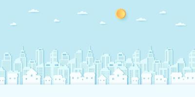 Cityscape, residential, house, buildings with blue sky and sun, paper art style vector