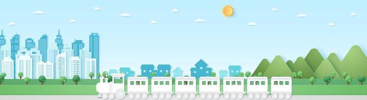 Cityscape, Landscape, Building, village and mountain with blue sky and sun, train, transportation, paper art style vector